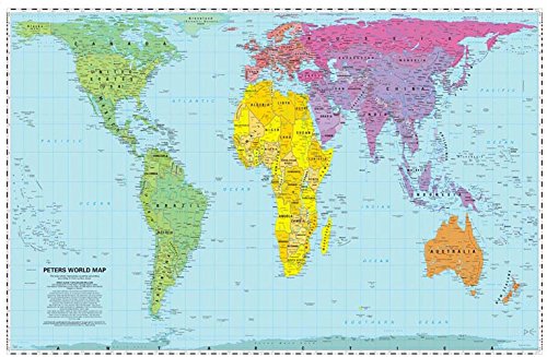 A Peters projection world map with color-coded continents on a light blue ocean background.