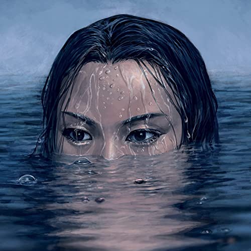 Painted portrait of a woman’s face partially submerged in water.