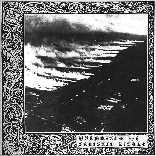 Black and white album cover with ornate border and smoky landscape.