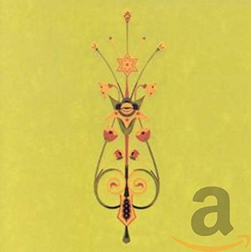 A stylized, symmetrical floral and geometric illustration centered on a solid yellow background.