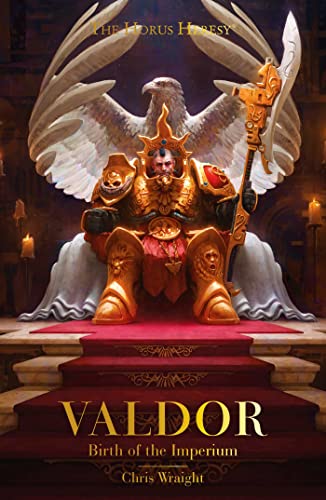 A golden armored warrior sits on a throne before a large eagle statue.