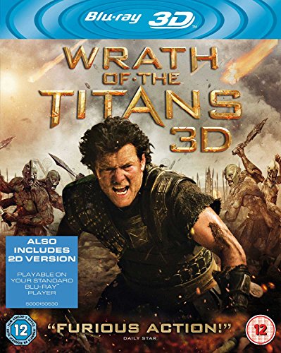 "Wrath of the Titans 3D Blu-ray cover featuring a man in armor amidst battle scene."