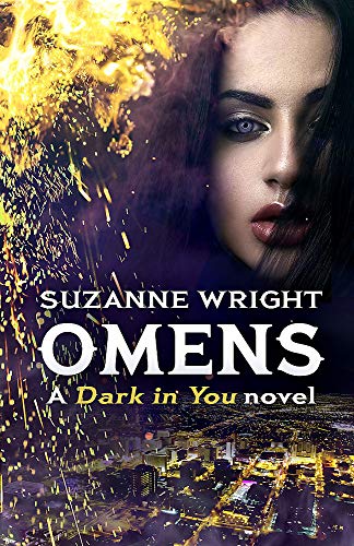 Book cover: woman’s face, dark city skyline, and fiery abstract elements.