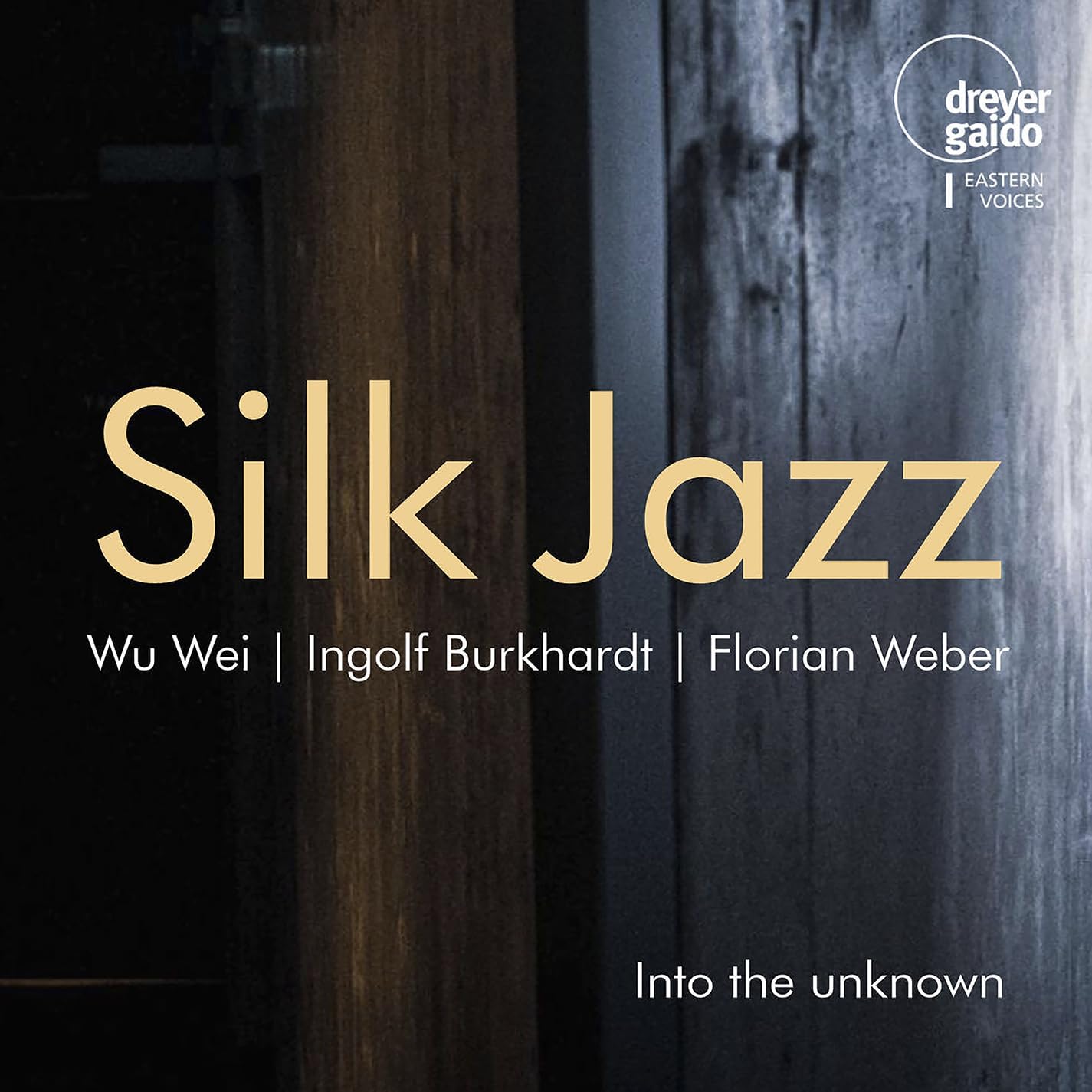 CD cover for Silk Jazz’s “Into The Unknown” with gold text on dark background.
