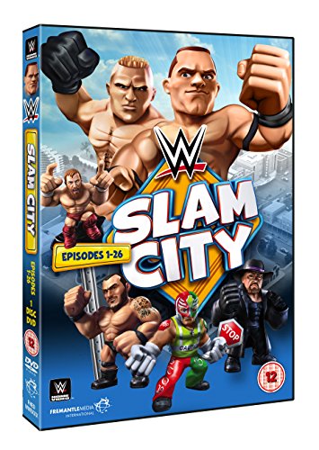 DVD cover for WWE Slam City featuring cartoon-style wrestler figures against a city background.