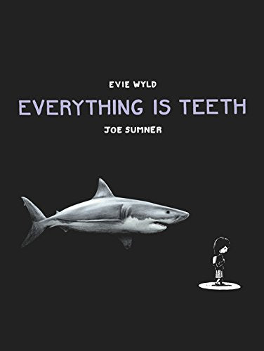 Book cover: shark swimming towards a small figure, dark background.