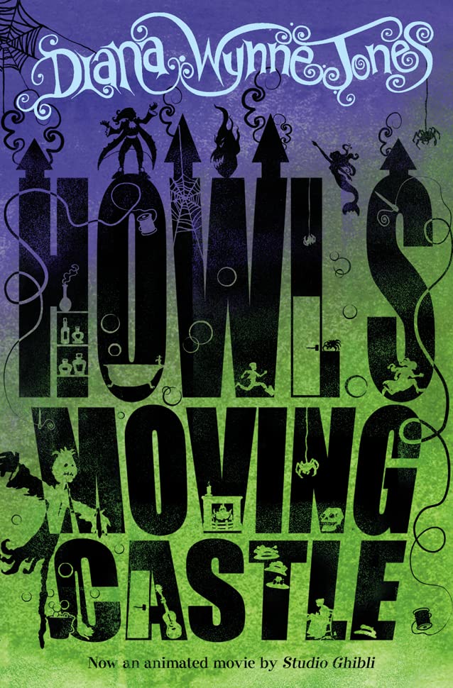 Howl's Moving Castle" book cover with silhouetted figures and ornate lettering.