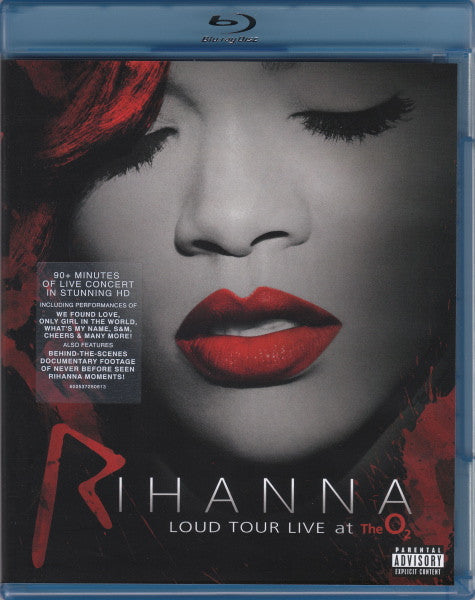 Blu-ray cover featuring Rihanna with red lips, promoting a live concert.