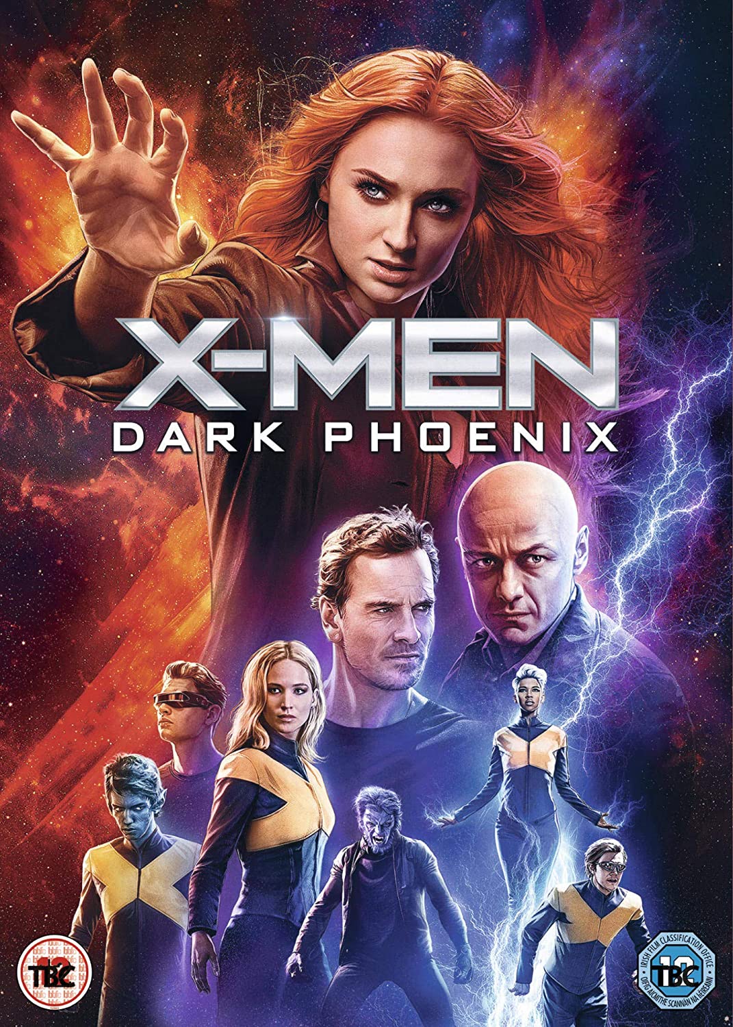 "X-men: Dark Phoenix DVD cover featuring a woman and six superheroes."
