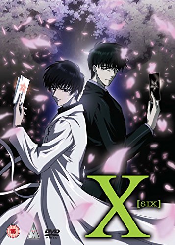 “X” anime DVD cover featuring two dark-haired men and falling pink petals.