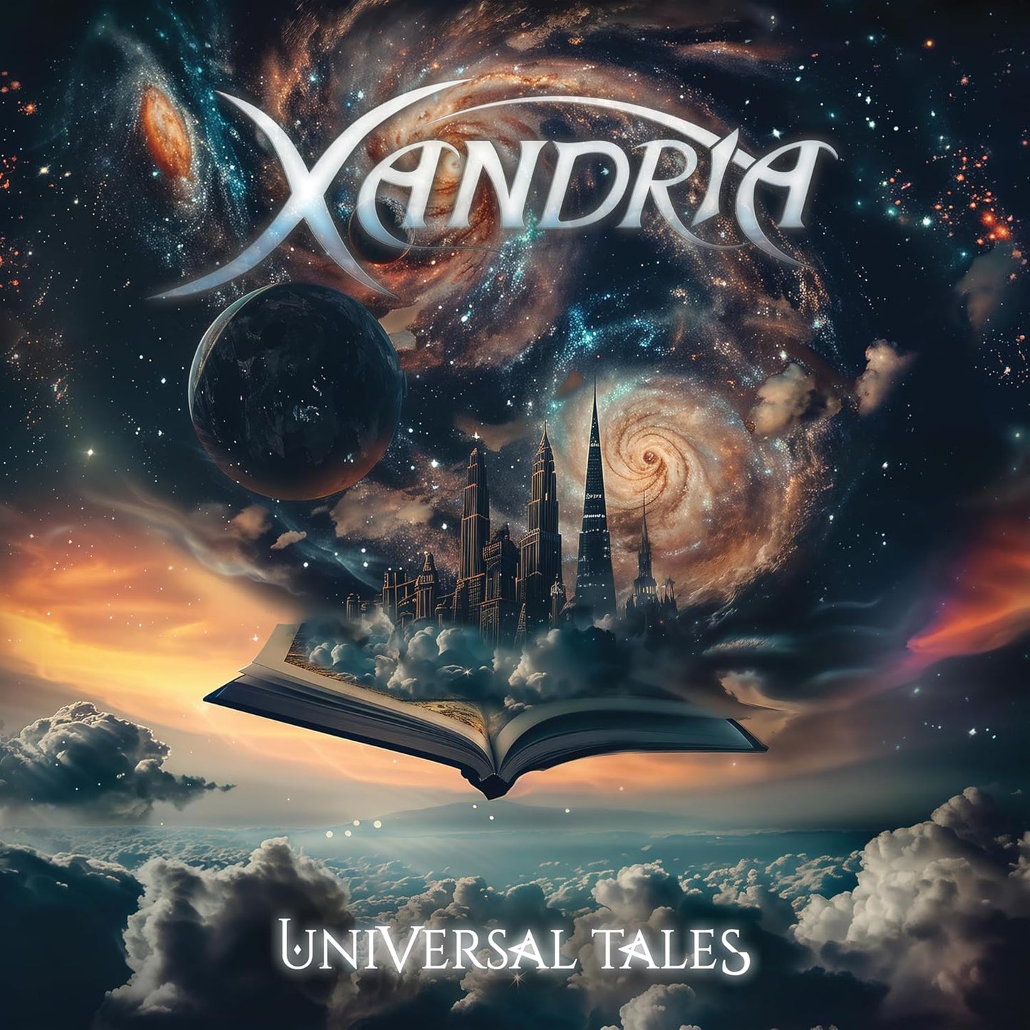 CD cover for “Xandria - Universal Tales” with fantasy cityscape and open book.