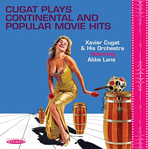 A woman in a gold dress plays maracas near conga drums on a blue background.