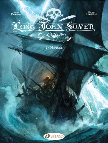 Pirate ship sailing stormy seas, skull and crossbones above mast.