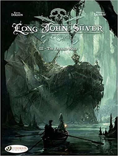 A small boat with two figures rows toward a large, dark, ruined ship.