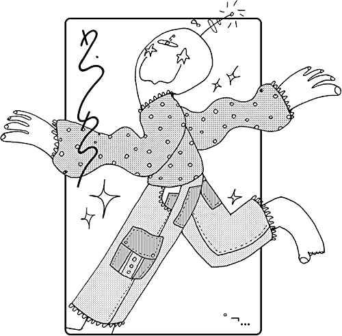 Black and white line drawing of a stylized figure with star eyes and antenna.