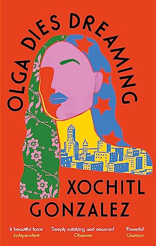 Book cover: pink face profile with floral and city background.