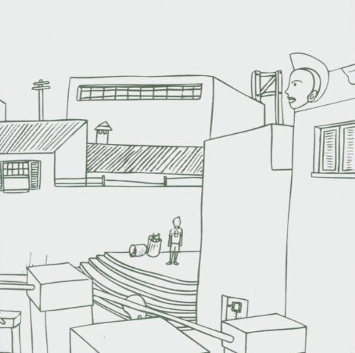 Line drawing of a cityscape and a person with a guitar.