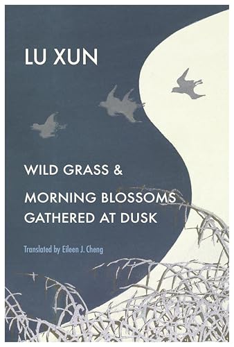 Book cover with a crescent moon, birds, and text: "Wild Grass & Morning Blossoms".