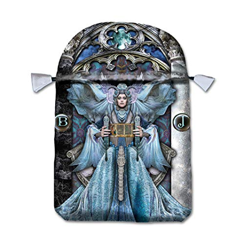 Satin tarot bag with ornate gothic arch and angelic figure print.