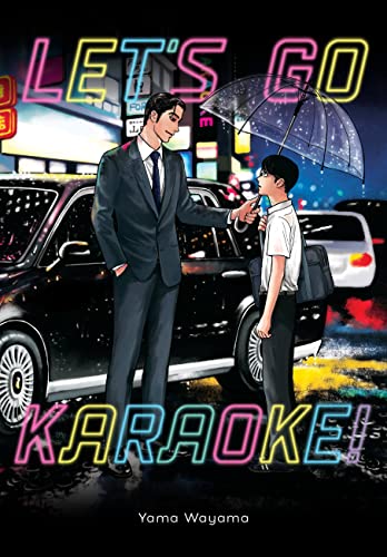Book cover: man and boy stand near a car in a rainy city.