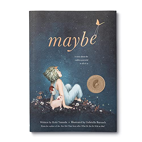 Book cover: "Maybe" with a girl, rabbit, and starry night illustration.