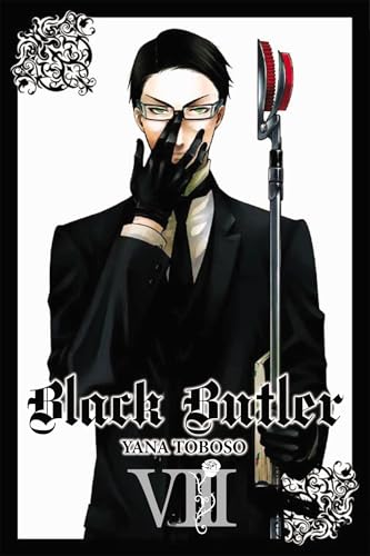 Black Butler volume 8 cover: a man in black with glasses and a scythe.
