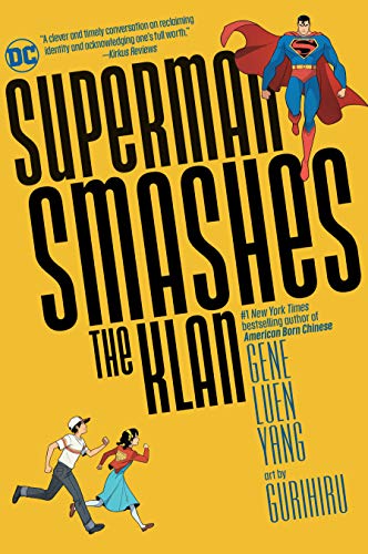 Superman flies above two children running on a yellow background with large black text.