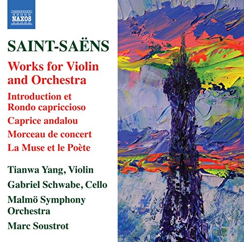 CD cover for Saint-Saëns’ violin works featuring abstract purple and gold art.