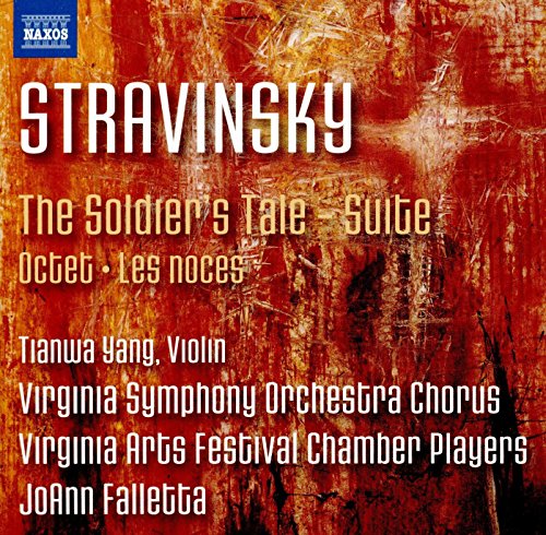 CD cover for Stravinsky’s “Soldier’s Tale” with red and brown textured background.