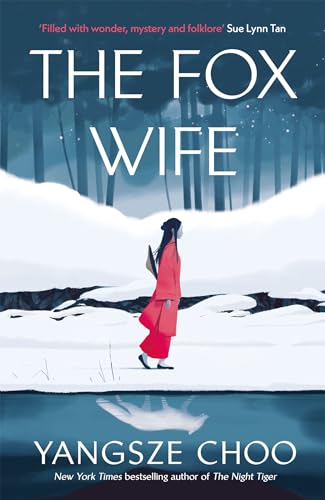 Book cover: woman in red walks through snowy forest, fox reflection.
