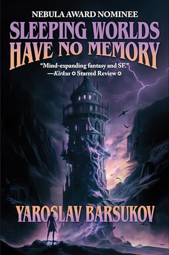 Book cover: dark fantasy landscape with a tall, ornate tower and figure.