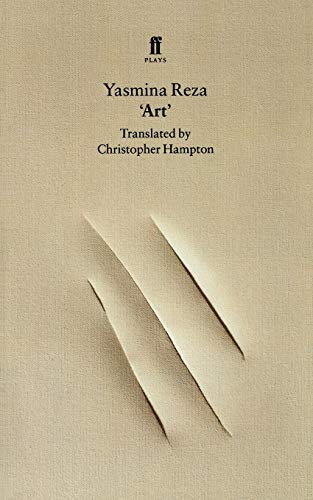 Book cover for Art by Yasmina Reza with three diagonal slashes on beige background.