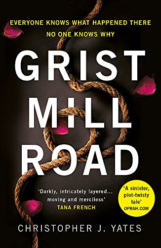 Book cover for “Grist Mill Road” with rope, petals, and dark text.