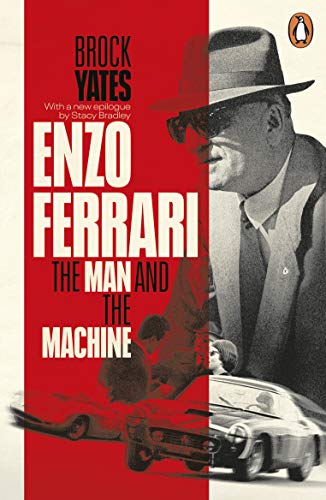 Book cover: Enzo Ferrari portrait with racing car, red and white design.