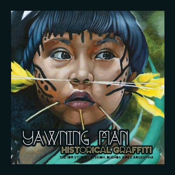 Painted portrait of a person with face paint, album cover for Yawning Man.
