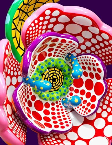 Colorful, polka-dotted flower sculpture with curling tendrils, Yayoi Kusama style.