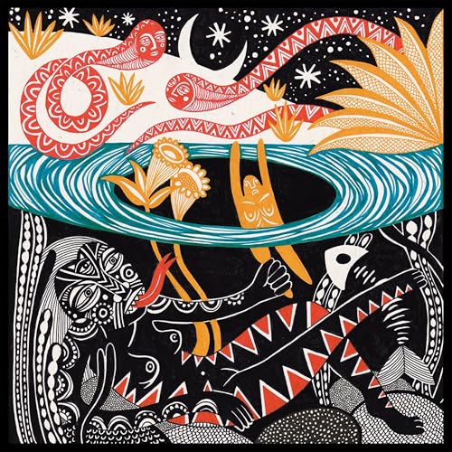 Intricate, colorful illustration of figures and serpentine shapes against a dark background.