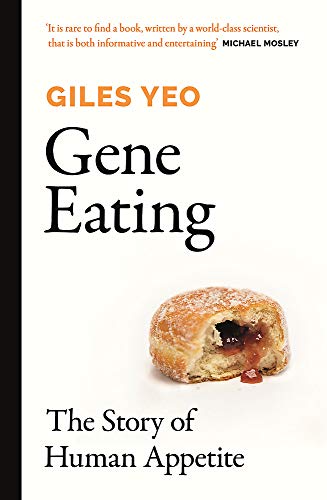 Book cover: "Gene Eating" with a bitten pastry and orange background.