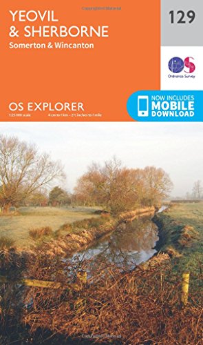 Ordnance Survey Explorer map 129 of Yeovil and Sherborne featuring a rural river landscape.