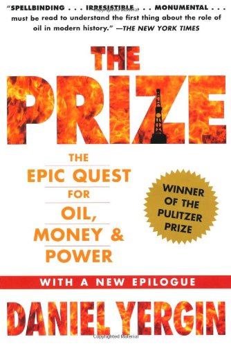 Book cover for The Prize by Daniel Yergin with fire-patterned text and oil derrick.