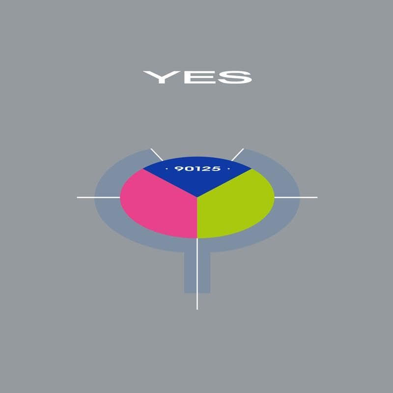 Yes album cover, "90125", with abstract circular design in pink, green, and blue.