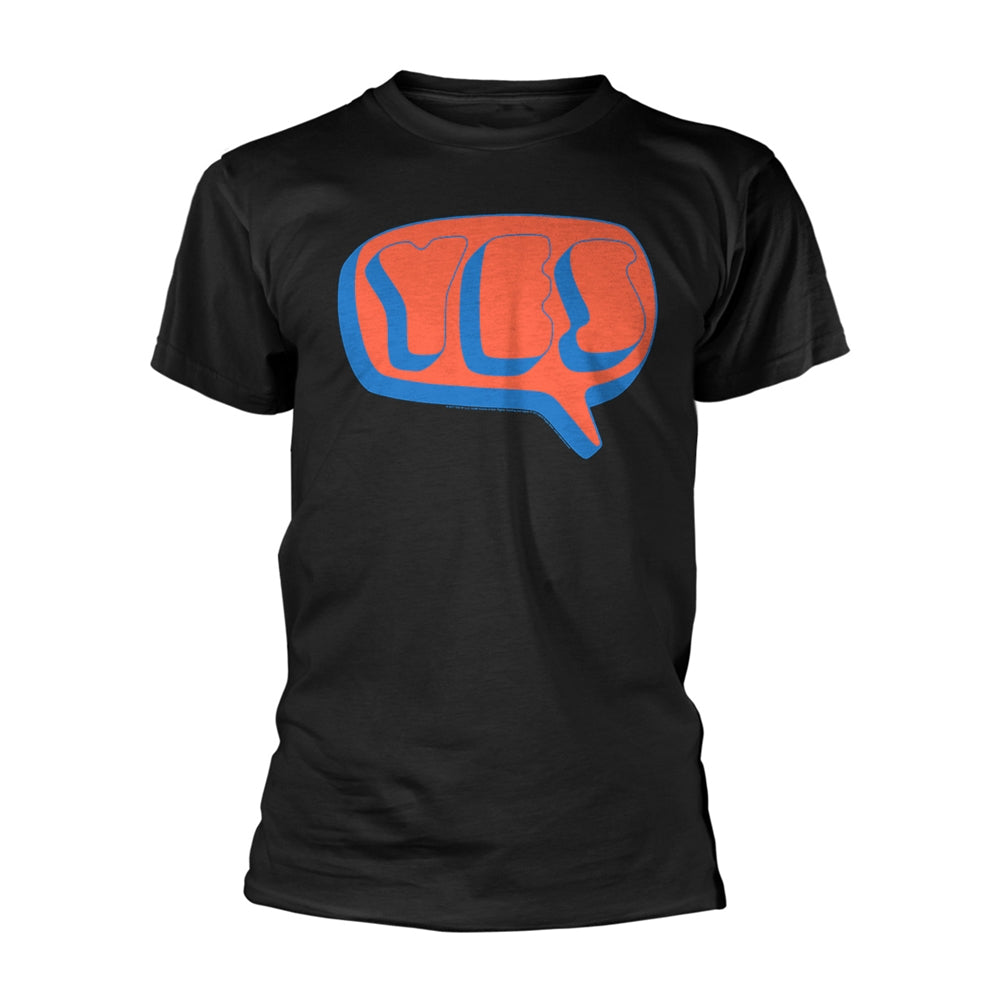 Black t-shirt with a red and blue speech bubble graphic on the chest.