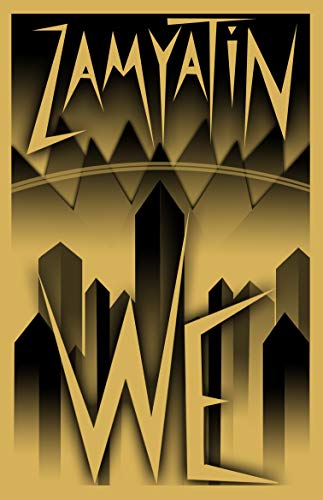 The image is a book cover with a gold background and black shadows. Alt text: Gold book cover with "Zamyatin We" text and abstract geometric design.