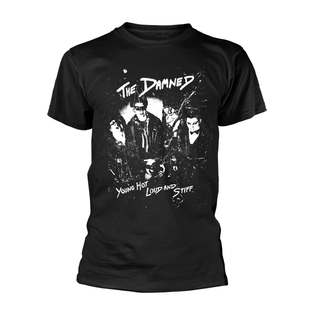 Black t-shirt with a white graphic of a band, "The Damned.