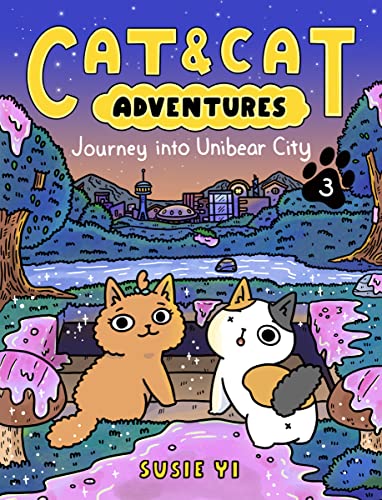 An orange cat and a calico cat stand near a pink pond before a city.