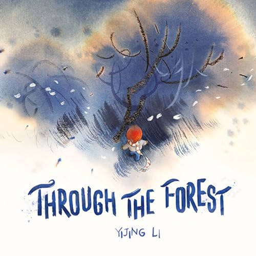 A child with a red hat and scarf walks through a watercolor forest.
