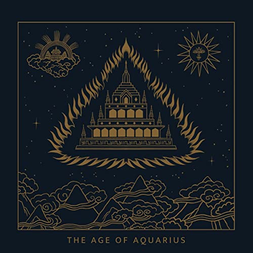 Golden ornate illustration of a temple and celestial symbols on dark blue.