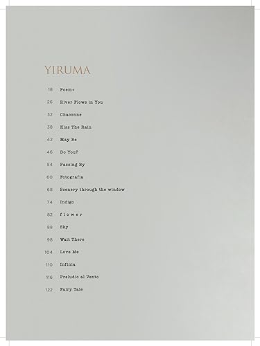 A light grey page showing the Yiruma piano music book table of contents.