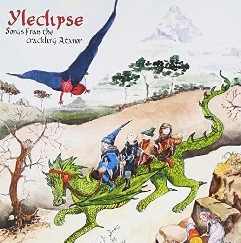 CD cover: fantasy illustration of figures riding a green dragon.