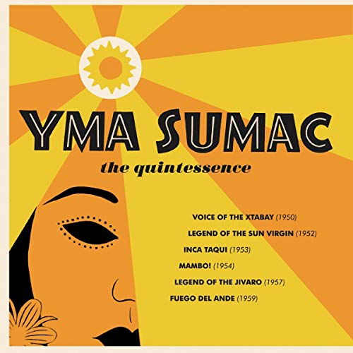 'Yma Sumac - The Quintessence' CD cover featuring a stylized face and vibrant orange and yellow hues.